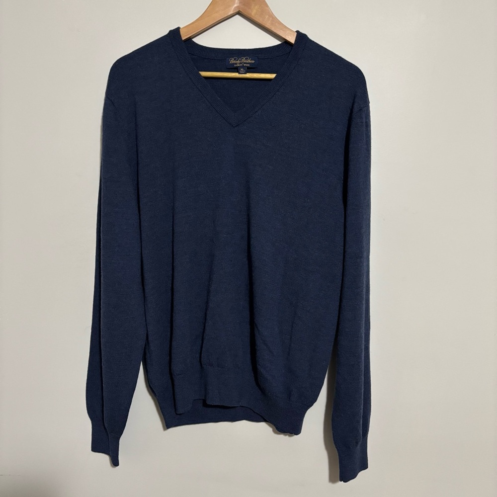 Brooks Brothers Saxxon Wool Blue V-Neck Pull Over Classic Sweater | Men’s Sz XL